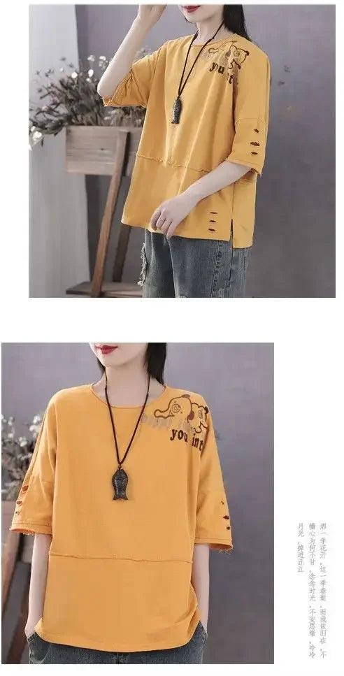 Woman Tshirts Cotton Clothes  Sleeve Short Sleeve T-shirt Women's Loose Women's Top Tops Mujer Camisetas