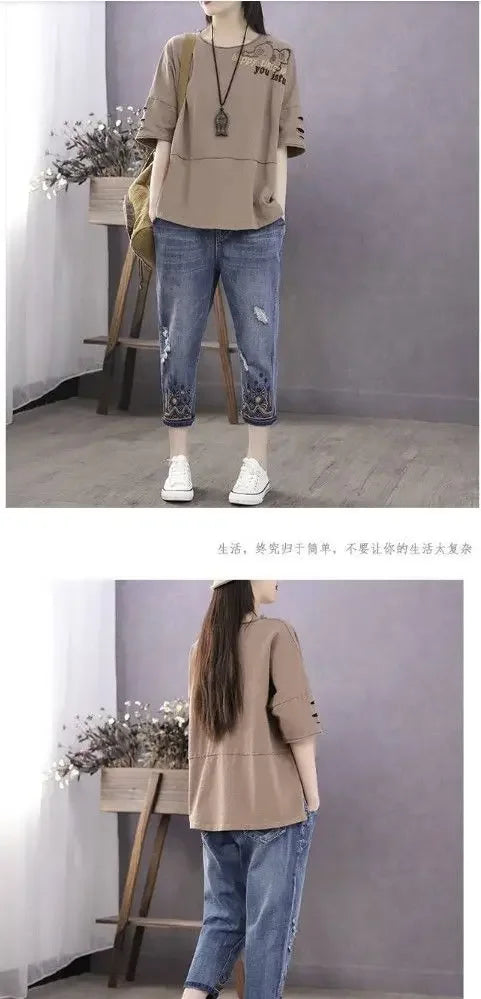 Woman Tshirts Cotton Clothes  Sleeve Short Sleeve T-shirt Women's Loose Women's Top Tops Mujer Camisetas