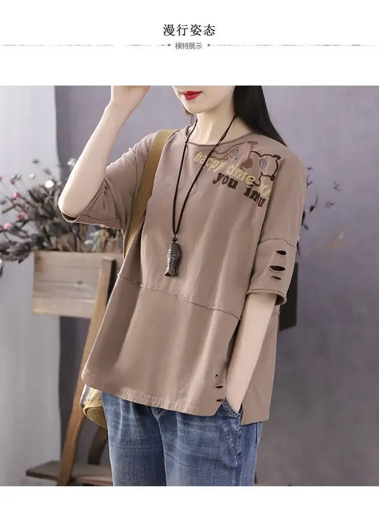 Woman Tshirts Cotton Clothes  Sleeve Short Sleeve T-shirt Women's Loose Women's Top Tops Mujer Camisetas