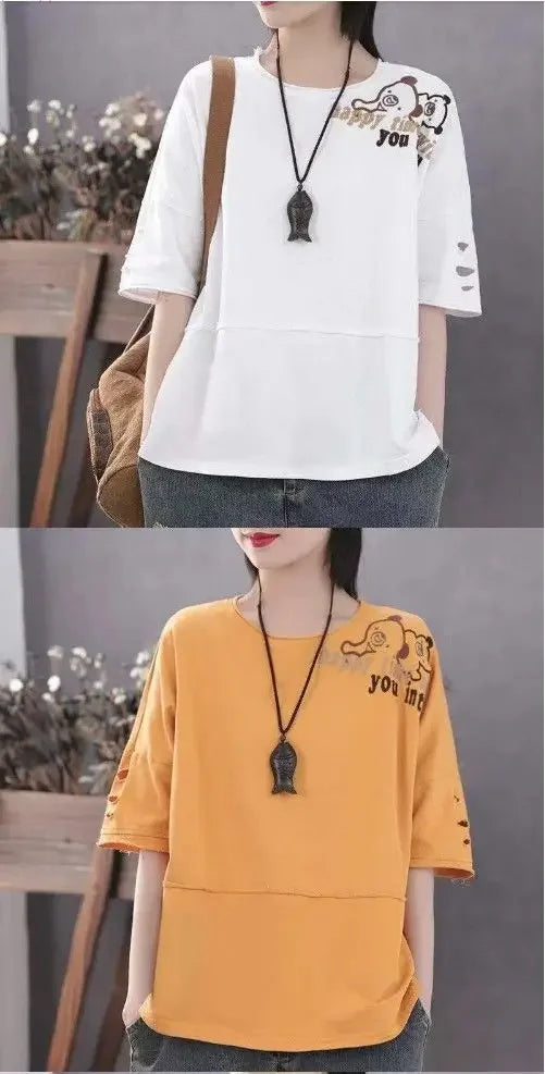 Woman Tshirts Cotton Clothes  Sleeve Short Sleeve T-shirt Women's Loose Women's Top Tops Mujer Camisetas