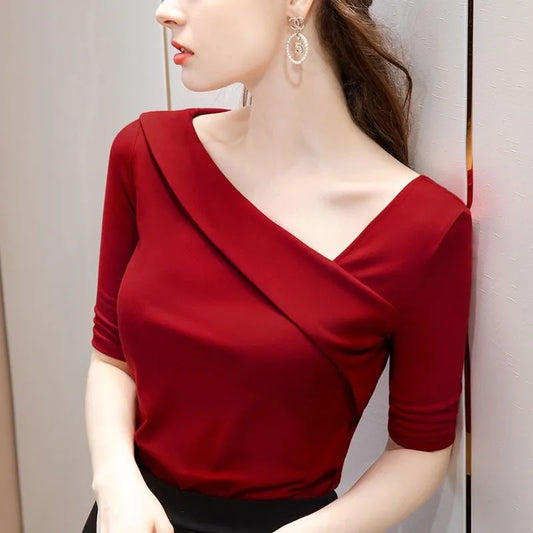 Woman's Clothing Basic T-Shirts Tops Lady Slim Short Sleeve Skew Collar Sheath Blouse Tops SS055