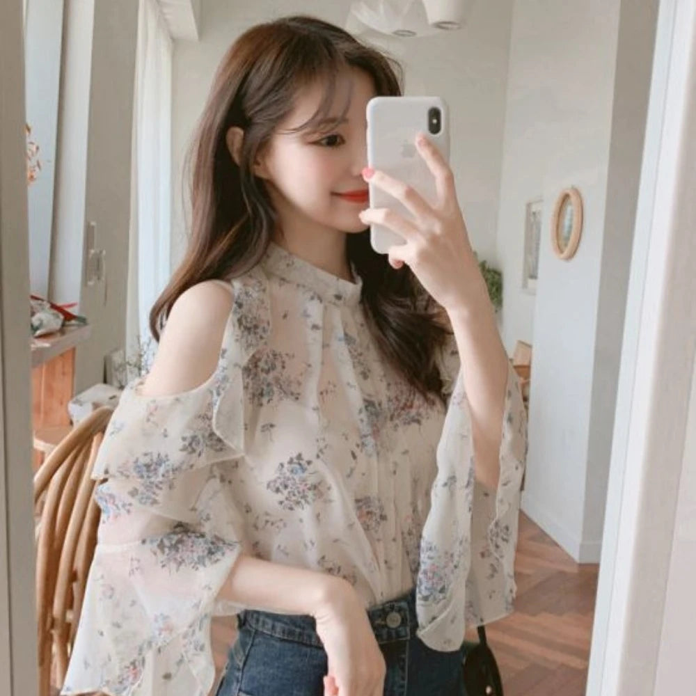 Fashion Woman Off Shoulder Blouse Shirts For Women Stylish Top long Sleeve Female Tops Elegant Chiffon Mujer Woman Clothes