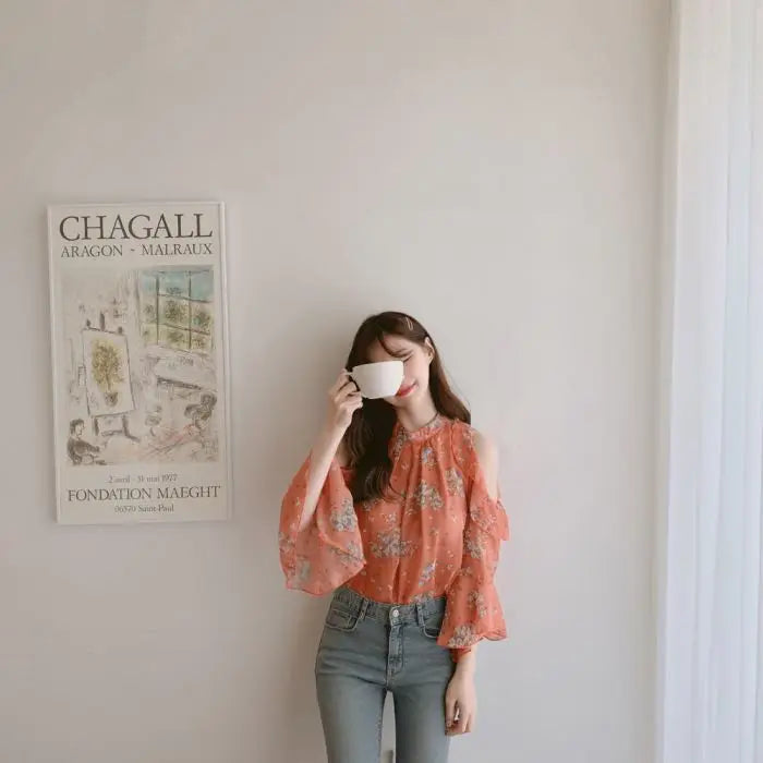 Fashion Woman Off Shoulder Blouse Shirts For Women Stylish Top long Sleeve Female Tops Elegant Chiffon Mujer Woman Clothes