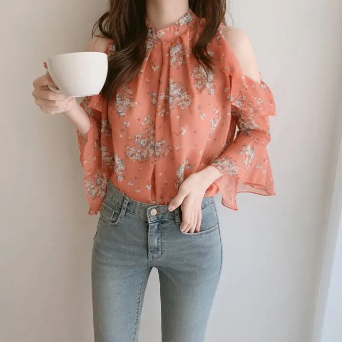 Fashion Woman Off Shoulder Blouse Shirts For Women Stylish Top long Sleeve Female Tops Elegant Chiffon Mujer Woman Clothes