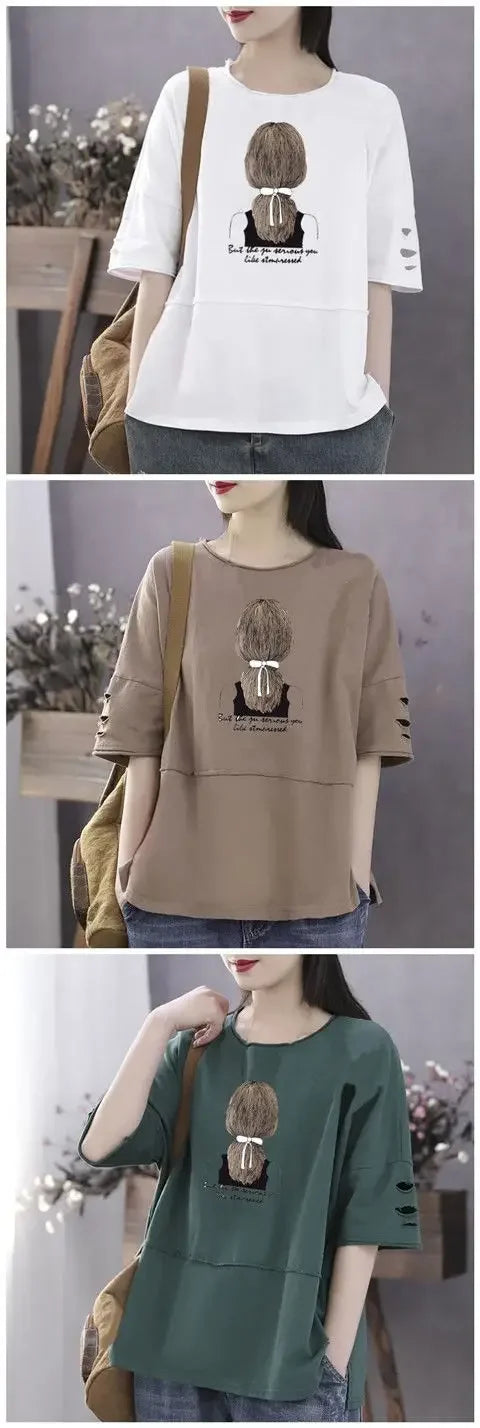 Woman Tshirts Cotton Clothes  Sleeve Short Sleeve T-shirt Women's Loose Women's Top Tops Mujer Camisetas