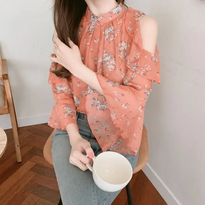 Fashion Woman Off Shoulder Blouse Shirts For Women Stylish Top long Sleeve Female Tops Elegant Chiffon Mujer Woman Clothes