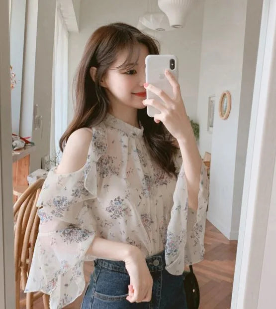 Fashion Woman Off Shoulder Blouse Shirts For Women Stylish Top long Sleeve Female Tops Elegant Chiffon Mujer Woman Clothes