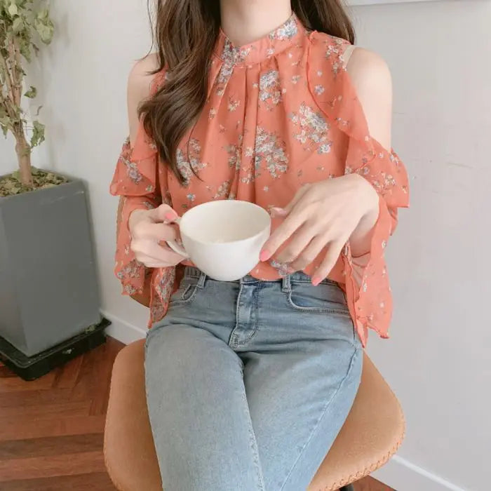 Fashion Woman Off Shoulder Blouse Shirts For Women Stylish Top long Sleeve Female Tops Elegant Chiffon Mujer Woman Clothes