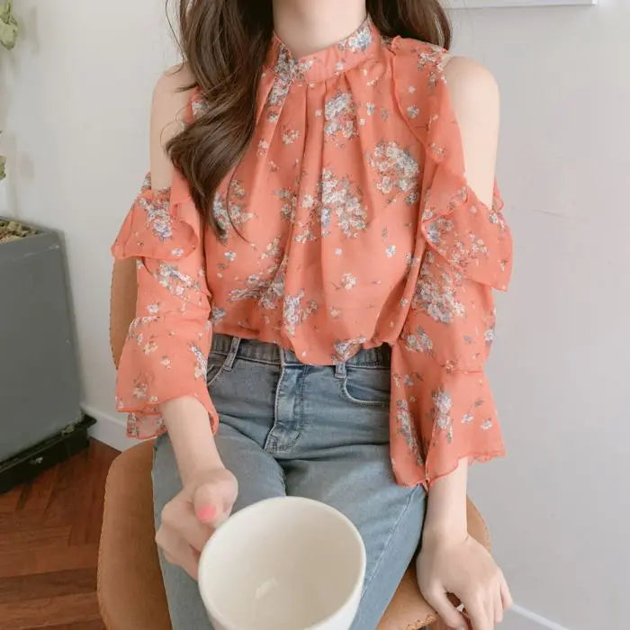 Fashion Woman Off Shoulder Blouse Shirts For Women Stylish Top long Sleeve Female Tops Elegant Chiffon Mujer Woman Clothes