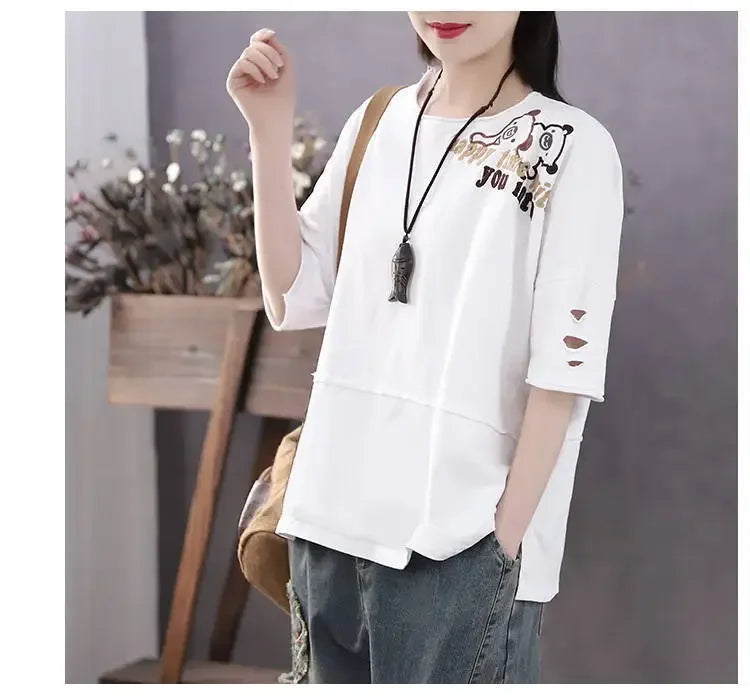 Woman Tshirts Cotton Clothes  Sleeve Short Sleeve T-shirt Women's Loose Women's Top Tops Mujer Camisetas