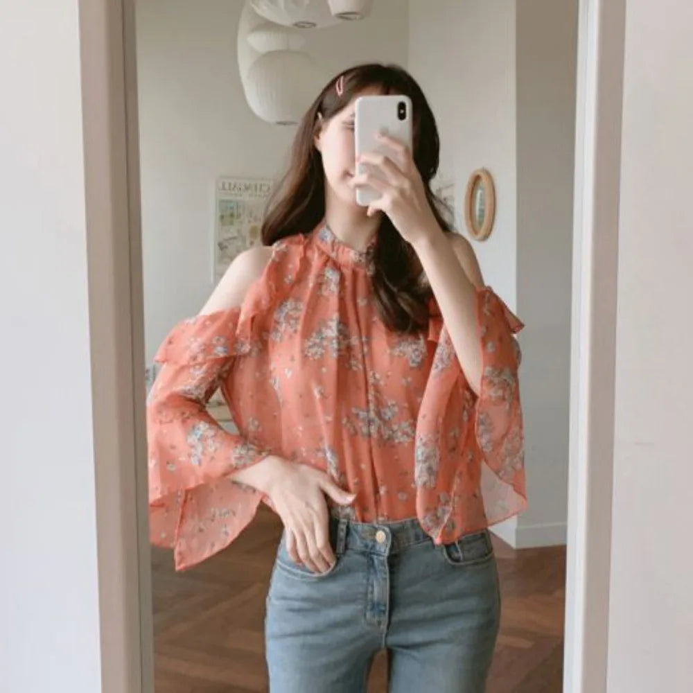 Fashion Woman Off Shoulder Blouse Shirts For Women Stylish Top long Sleeve Female Tops Elegant Chiffon Mujer Woman Clothes
